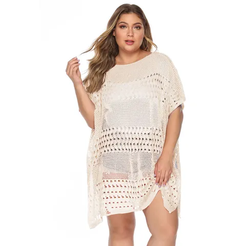Plus Size Women Crochet Hollow Out Beach Cover Up Sheer Tunic Swimsuit Wrap Dress Solid Color Round Neck Short Sleeve Top