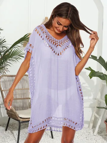 Pareo de Playa para Mujer Sexy con Cuello en V Calado de Ganchillo Holgado Color Sólido Traje de Baño Vestido de Vacaciones de Verano