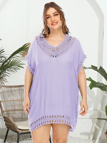 Pareo de Playa para Mujer Sexy con Cuello en V Calado de Ganchillo Holgado Color Sólido Traje de Baño Vestido de Vacaciones de Verano