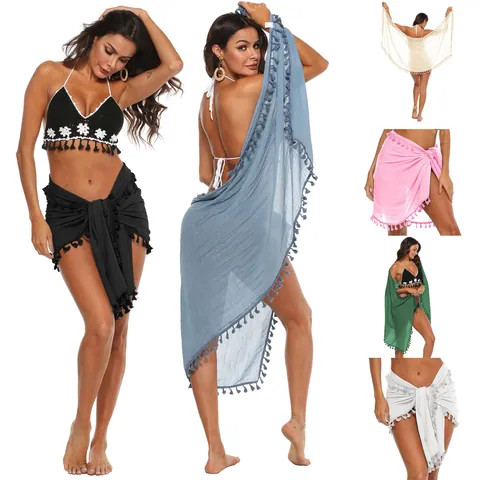 Women Beach Sarong Wrap Skirt Tassel Irregular Hem Polyester Multi-functional Vacation Swimwear Bikini Cover Up Scarf