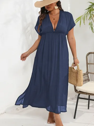 Robe de Plage Grande Taille pour Femmes Polyester Col en V Profond Dos Nu Fente Robe Longue Couleur Unie Taille Cintree Decontracté Fête Vacances