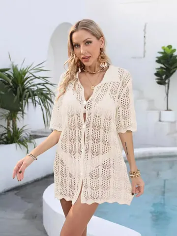 Women Hollow Out Beach Cover Up Crochet Knit Polo Collar Shirt Bikini Smock Top Vacation Sun Protection Summer Outwear