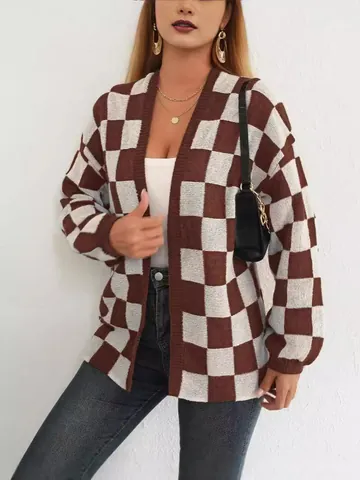 Women Checkerboard Knit Cardigan Oversized Color Block Open Front Sweater Top Loose Casual Patchwork Long Sleeve Outerwear