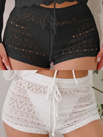 Women Sexy Hollow Out Lace-up Shorts Polyester Lace Crochet Mini Hot Pants Summer Beach Vacation Bottoms