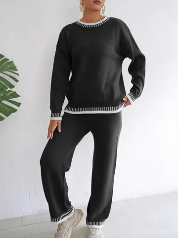 Women Casual Knit Sweater Set Round Neck Patchwork Top And Bottom Wide Leg Pants Loungewear Fall Winter Thick Warm Outfit