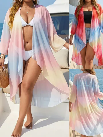 Women Plus Size Tie Dye Print Mesh Beach Cover Up Irregular Hem Three Quarter Sleeve Vacation Cardigan Bathing Suit Wrap