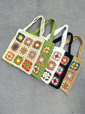 Borsa Tote Fatta a Mano all'Uncinetto per Donna Borsa Patchwork Granny Square Filato Acrilico Stile Boho Retro Borsa a Tracolla