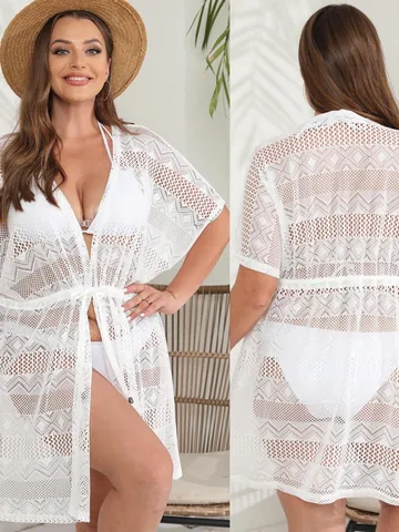 Cache-Maillot de Plage Sexy en Dentelle Ajourée pour Femmes Grandes Tailles Col en V Taille à Cordon Cardigan Protection Solaire