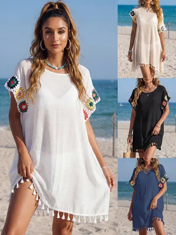 Vestido Salida de Baño Bohemia para Mujer con Patchwork de Flores de Ganchillo Coloridas y Borlas Bikini Coverup Vestido Playero