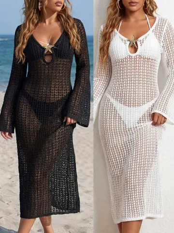 Women Sexy Crochet Hollow Out Beach Cover Up Dress Starfish Deep V Neck Long Sleeve Mesh Sheer Summer Vacation Resort Top