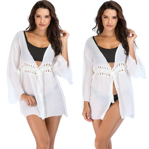 Copricostume da Spiaggia in Poliestere Bohemien per Donna Patchwork all'Uncinetto Cardigan con Lacci Nappine Bianco Allentato Bikini AS280