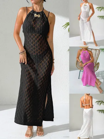 Women's Sexy Halter Backless Crochet Hollow Out Beach Cover Up Dress With Metal Shell Buckle Side Slit Polyester Vacation Swimwear