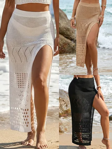 Women's Sexy Hollow Out Crochet Knit Beach Skirt High Slit Summer Resort Cover Up Solid Color Polyester Bottom Maxi Skirt