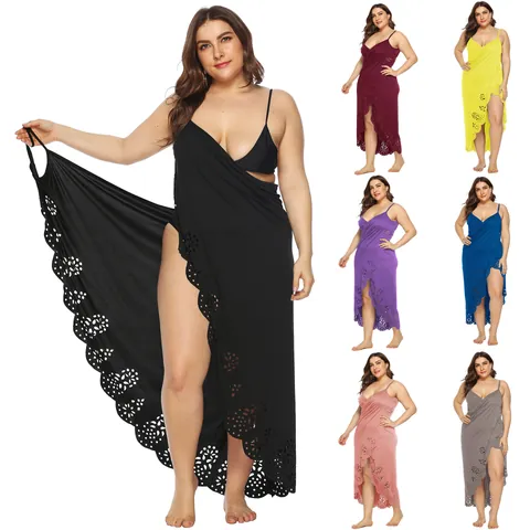 Women Plus Size Sexy Spaghetti Strap Wrap Dress Laser Cut Hollow Out Irregular Hem Beach Cover Up Dress V Neck Summer Midi Dress