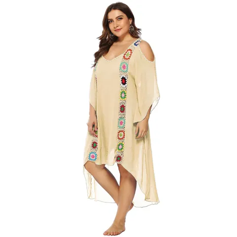Cubre Traje de Baño de Playa Tallas Grandes Mujer Patchwork de Crochet Hombros Descubiertos Vestido Dobladillo Irregular Bikini Coverup Poliéster