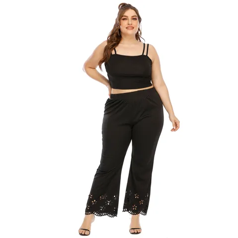 Plus Size Women's High Waist Straight Leg Pants Laser Cut Floral Hem Black Casual Trousers Polyester Bottom