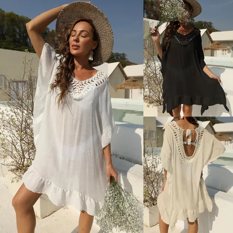 Abito da Spiaggia Sexy con Schiena Scoperta All'Uncinetto con Volant per Donna Scollo a V Senza Maniche Abbigliamento da Resort Estivo