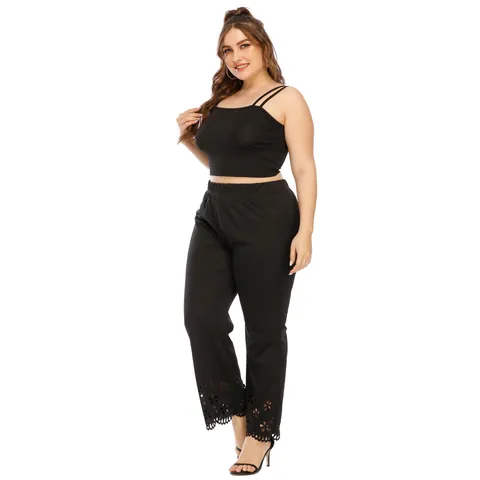 Pantalon Évasé Grande Taille pour Femmes Découpe Laser Ajouré Taille Haute Élastique Polyester Casual Noir