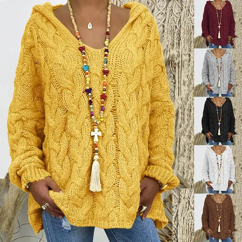 Suéter de Mujer Oversize de Punto de Ochos Con Capucha Cuello en V Manga Larga Grueso Acrílico Color Sólido Casual Streetwear Parte Superior