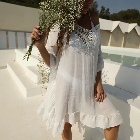 Abito da Spiaggia Sexy con Schiena Scoperta All'Uncinetto con Volant per Donna Scollo a V Senza Maniche Abbigliamento da Resort Estivo