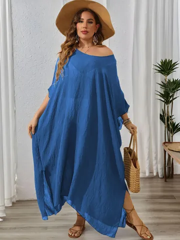Women Plus Size Solid Color Loose Kaftan Dress Side Slit Maxi Dress Bohemian Beach Cover-up Summer Vacation Polyester Dress