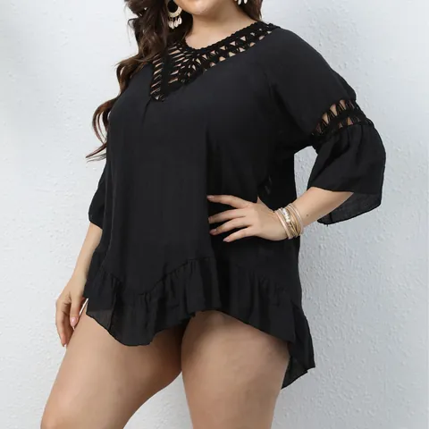Robe de Plage Sexy Grande Taille pour Femmes Patchwork au Crochet Dos Nu Volants Manches Évasées Col en V Polyester Haut de Vacances