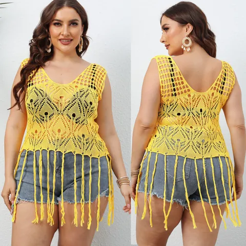 Plus Size Women's Hollow Out Crochet Beach Cover Up Sexy Sleeveless V Neck Tassel Hem Perspective Vest Top For Summer Vacation