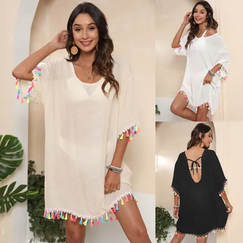 Robe Cache-Maillot de Plage Bohème pour Femmes Polyester Patchwork de Glands Colorés Col en V Coupe Ample pour Vacances