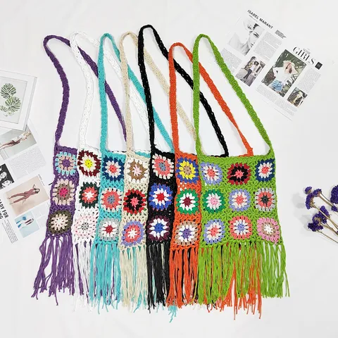 Women Retro Ethnic Bohemian Granny Square Crochet Hand Woven Shoulder Bag With Tassels Floral Hollow Out Crossbody Bag