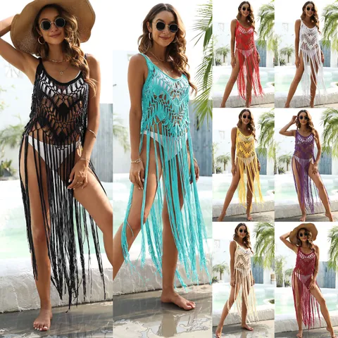 Women Crochet Hollow Out Beach Cover Up Long Tassel Dress Sleeveless V Neck Holiday Swimwear Seaside Bathing Suit Resort Wear
