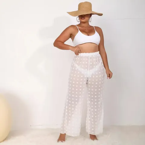 Pantalones de Playa de Gasa Transparentes Sexy de Talla Grande para Mujer Lunares 3D Pierna Ancha Rectos Casuales Vacaciones Z789