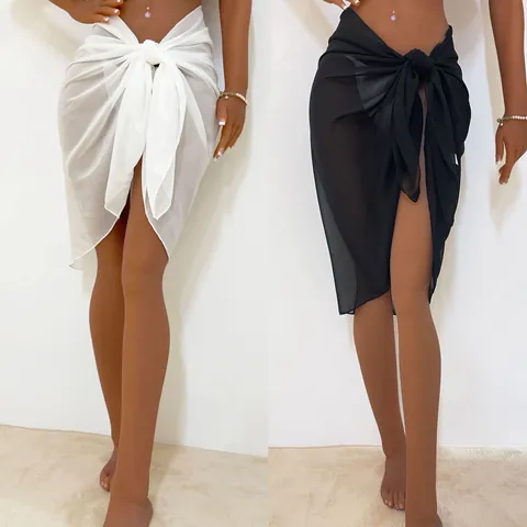 Women Sexy Sheer Chiffon Wrap Around Beach Sarong Tie Waist Skirt Solid Color Breathable Summer Holiday Vacation Cover Up Bottom