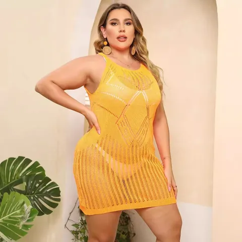 Women Plus Size Hollow Out Crochet Beach Dress Bikini Cover Up Seaside Vacation Sleeveless Tank Dress Polyester Knitwear