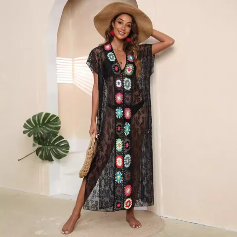 Bohemian Sexy Lace Beach Cover Up Maxi Dress For Women Colorful Crochet Floral Patchwork V Neck Resort Wear Summer Dress