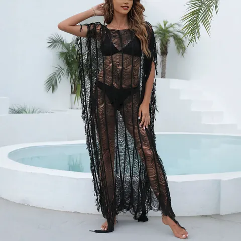 Sexy Damen Durchsichtig Hohl Ausgeschnitten Häkel Strand Cover-up Kleid Polyester Quaste Unregelmäßiger Saum Ärmelloses Bademode Oberteil