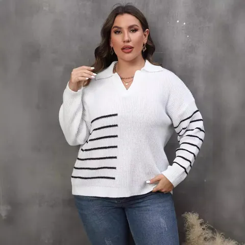 Maglione da Donna Taglie Forti in Poliestere Lavorato a Macchina Colletto Polo Blocchi di Colore Righe a Contrasto Pullover a Maniche Lunghe Casual Streetwear Top