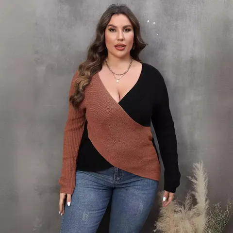 Women's Plus Size Wrap Deep V-Neck Color Block Acrylic Knitted Sweater Long Sleeve Casual Streetwear Top Pullover Jumper