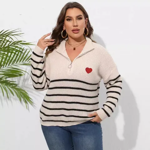 Maglione da Donna Taglie Forti a Righe con Mezza Zip Collo a Lupetto Pullover Manica Lunga Patchwork Ricamato Cuore Top in Maglia Moda Casual