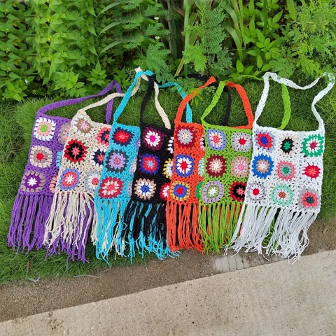 Women Retro Ethnic Bohemian Granny Square Crochet Hand Woven Shoulder Bag With Tassels Floral Hollow Out Crossbody Bag