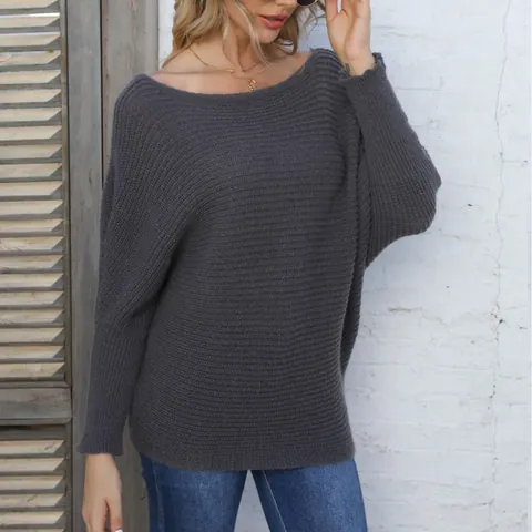 Women Off Shoulder Knit Sweater Batwing Long Sleeve Boat Neck Pullover Loose Ribbed Texture Casual Autumn Winter Knitwear Top