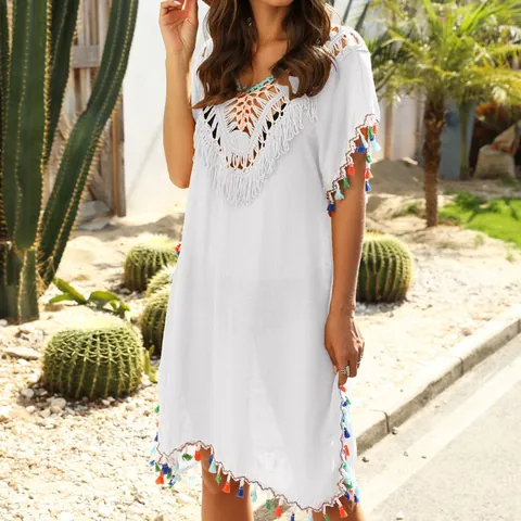 Women's Bohemian Beach Cover Up Hand Crochet Patchwork Sexy Backless V-Neck Tunic With Colorful Tassels Polyester Sun Protection Swimwear Top