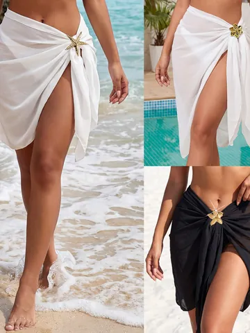 Women's Beach Chiffon Sarong Wrap Skirt With Seastar Metal Accessory Sexy Side Tie Swimwear Cover Up Bottom