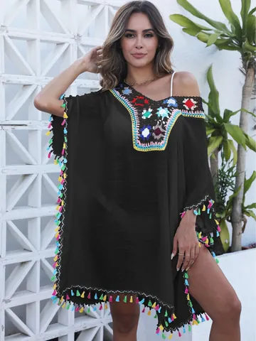 Women's Bohemian Beach Cover-up V-Neck Crochet Kaftan Dress With Colorful Tassels Vacation Sun Protection Top