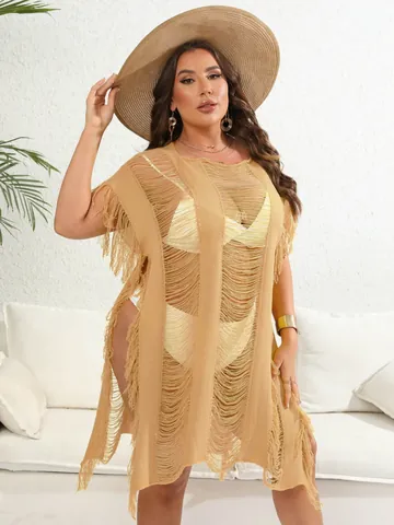 Women Plus Size Sexy Hollow Out Crochet Beach Cover Up Tassel Split Irregular Hem Beachwear Dress For Summer Vacation