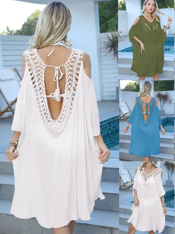 Women's Sexy Backless Crochet Patchwork Beach Cover-Up Cold Shoulder Tassel Lace-Up Bohemian Vacation Swimwear Dress Top