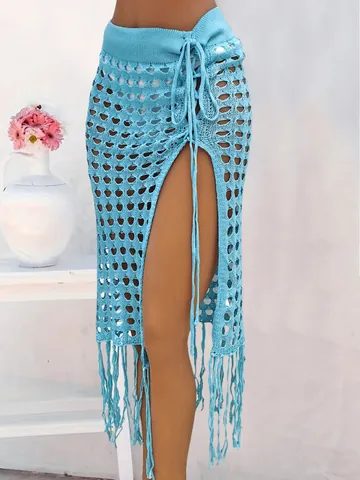 Women Sexy Hollow Out Crochet Skirt Beach Cover Up With Tassels Side Slit Tie Waist Knitted Summer Vacation Wrap Skirt