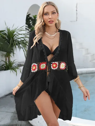 Women Bohemian Crochet Patchwork Beach Cover Up Top Ruffle Trim Tassel Tie Polyester Sunscreen Jacket Kimono One Size