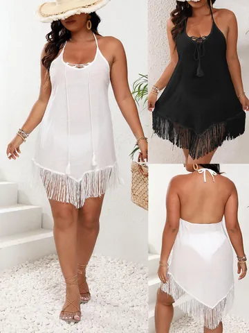 Damen Plus Size Strand Cover-Up Halter Rückenfrei Quastenfransen Schnür-Bikini Polyester Bohemian Urlaub Sommer Top