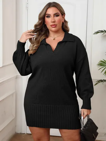 Women Plus Size Ribbed Knit Sweater Dress Polo Neck Long Sleeve Bodycon Midi Dress Solid Color Polyester Autumn Winter Casual