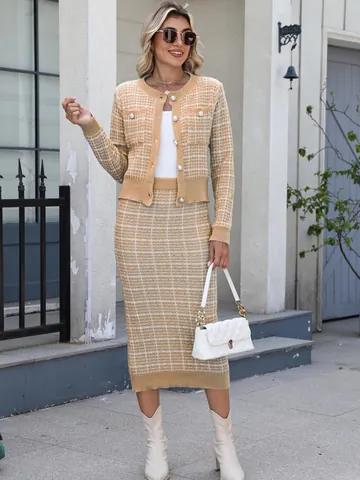 Women Plaid Knit Sweater Two Piece Set Elegant Cardigan and Bodycon Midi Skirt Set With Pearl Buttons Autumn Winter Top And Bottom